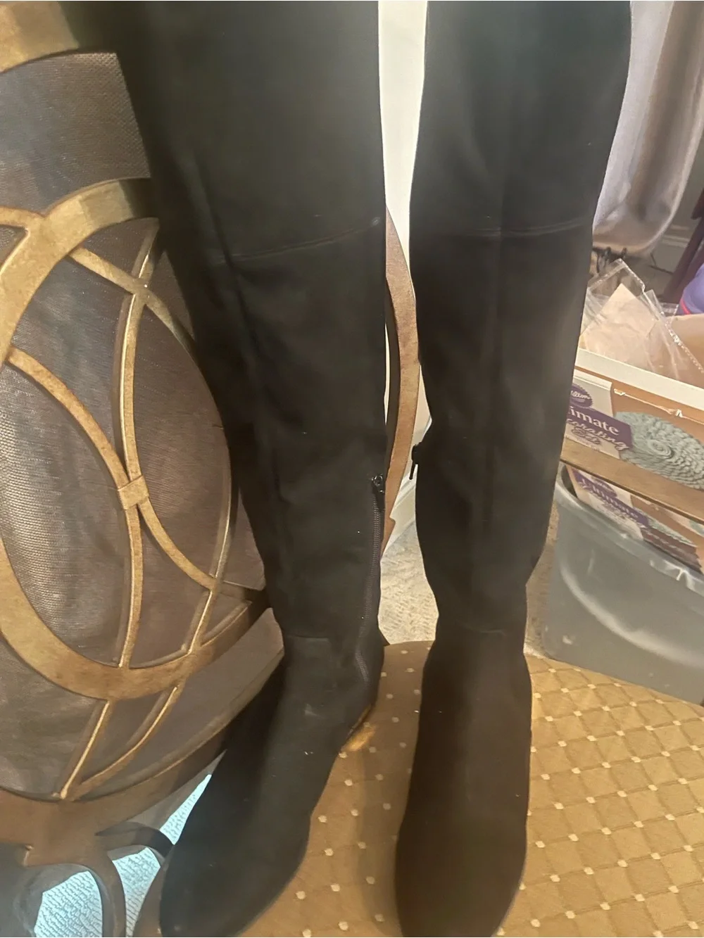 Guess Black Over-the-Knee Suede-Look Boots with Subtle Metallic Heel